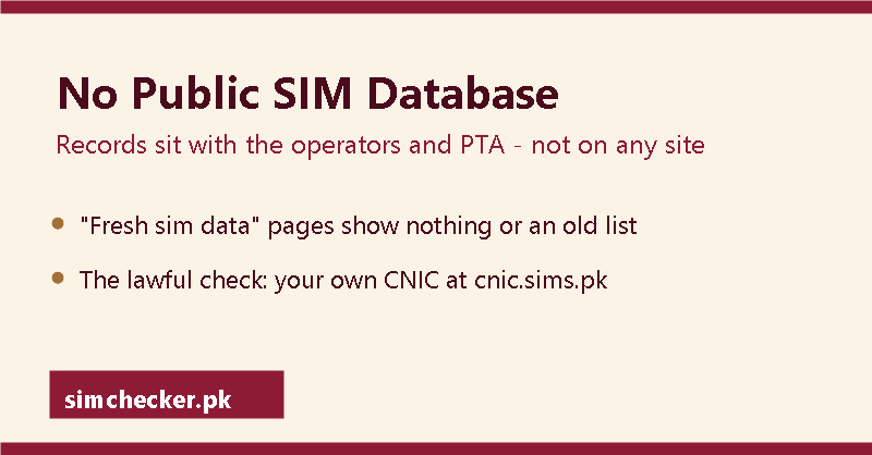 No public SIM database exists in Pakistan: records sit with the operators and PTA; the lawful check is your own CNIC at cnic.sims.pk