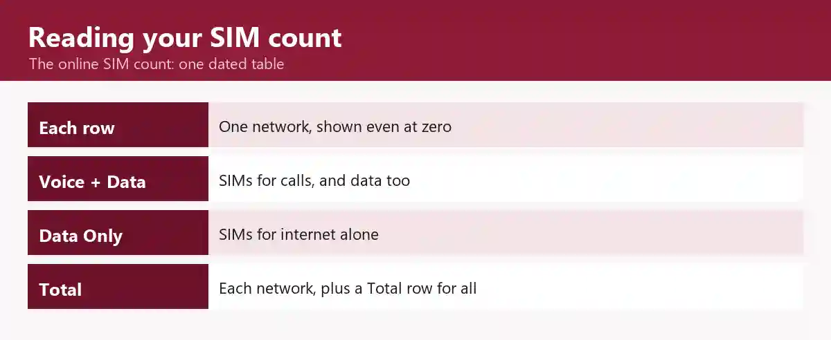 How to read the SIM count result: one row per network, with Voice + Data SIMs, Data Only SIMs and Total SIMs