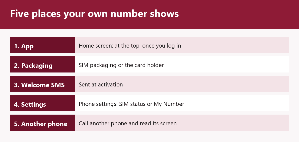 Five places your own number shows on this network: the app's home screen once you log in, the SIM packaging or card holder, the welcome SMS sent at activation, the phone's settings, and another phone's screen when you call it